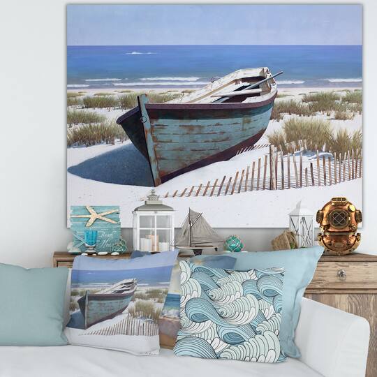 Designart - Blue Boat on Beach - Nautical & Coastal Canvas Artwork